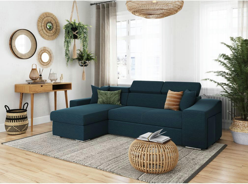 ELONA - Canapé d'angle convertible bleu pétrole avec niche de rangement droite