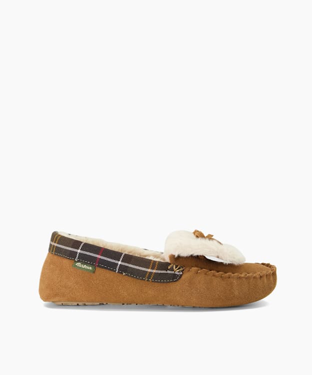 Darcie1 Tan - Tartan-Trim Suede Slippers