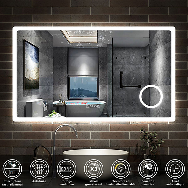 Miroir de salle de bain anti-buée avec horloge, blanc froid chaud neutre tactile mural miroir 160x80cm, AICA SANITAIRE