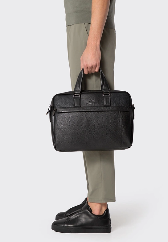 Torba na laptopa 15,6” ze skóry naturalnej o fakturze groszkowej czarna