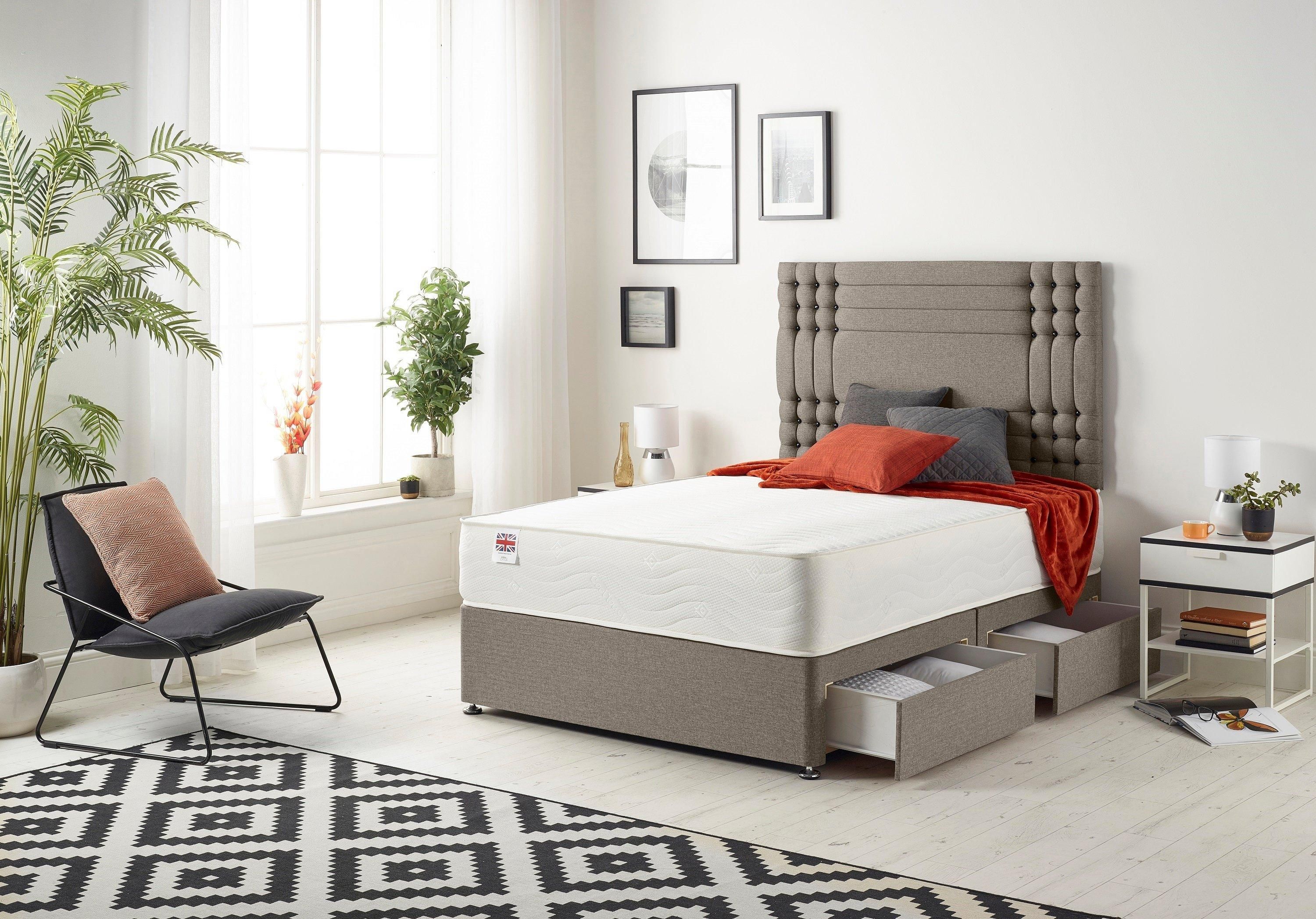 Somnior Flexby Sprung Memory Foam 2 Drawer Divan Bed with Upholstered Headboard Tweed Fabric