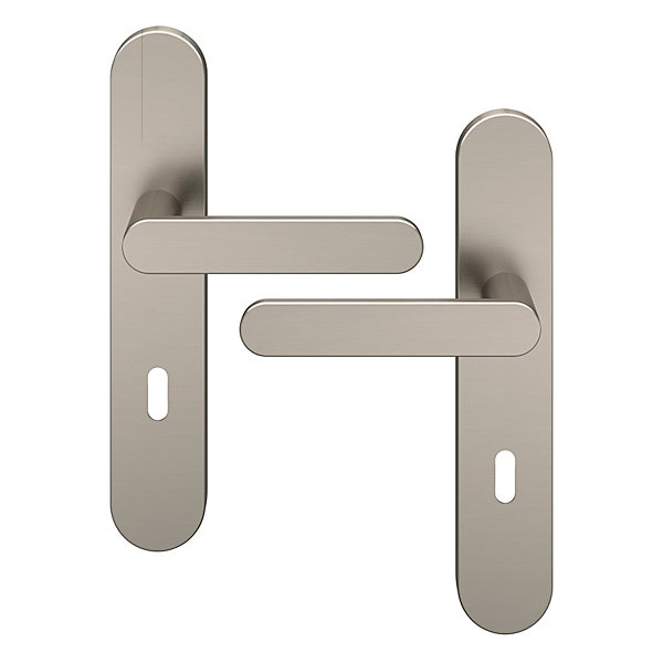 Ensemble poignée sur plaque rond serrure GoodHome Minzh effet nickel satin gris L.120mm x l.42mm entraxe 165-195mm