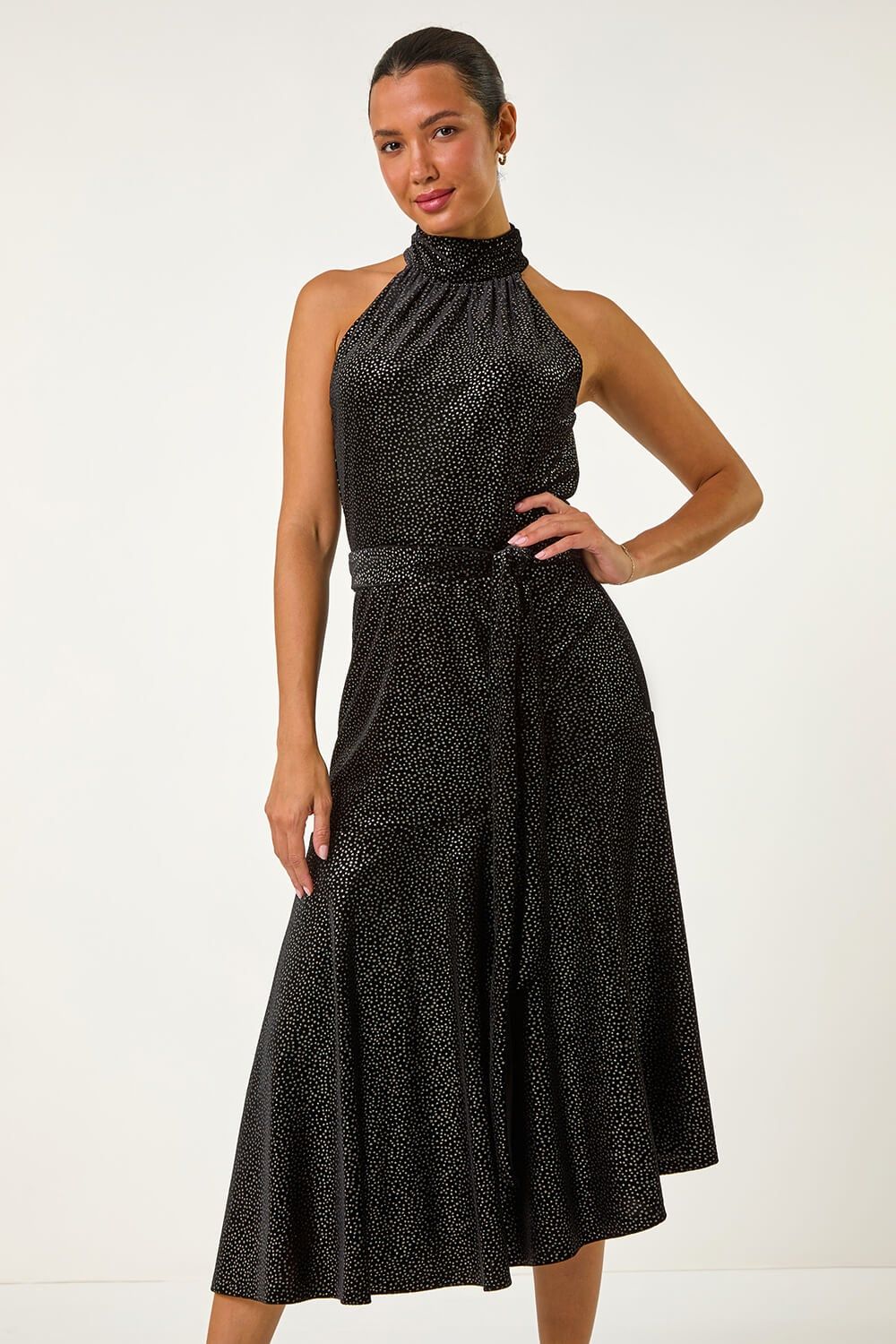 Roman Velvet Halter Neck Ruffle Hem Midi Dress
