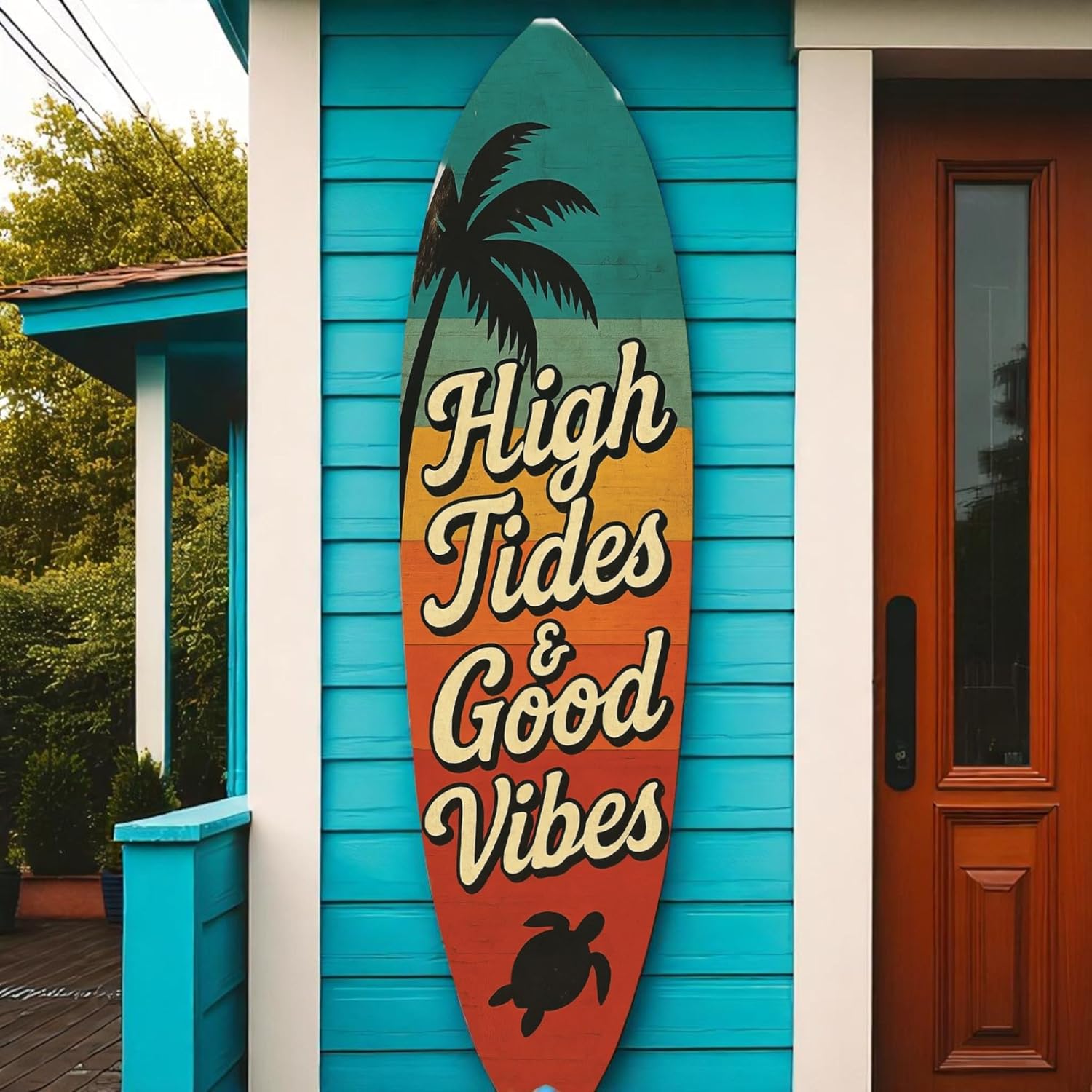 JennyGems High Tides Good Vibes Surfboard Sign Coastal Wall Decor with Sea Turtle, Palm Tree, Retro Beach House Art, Indoor Outdoor PVC, 5 Foot