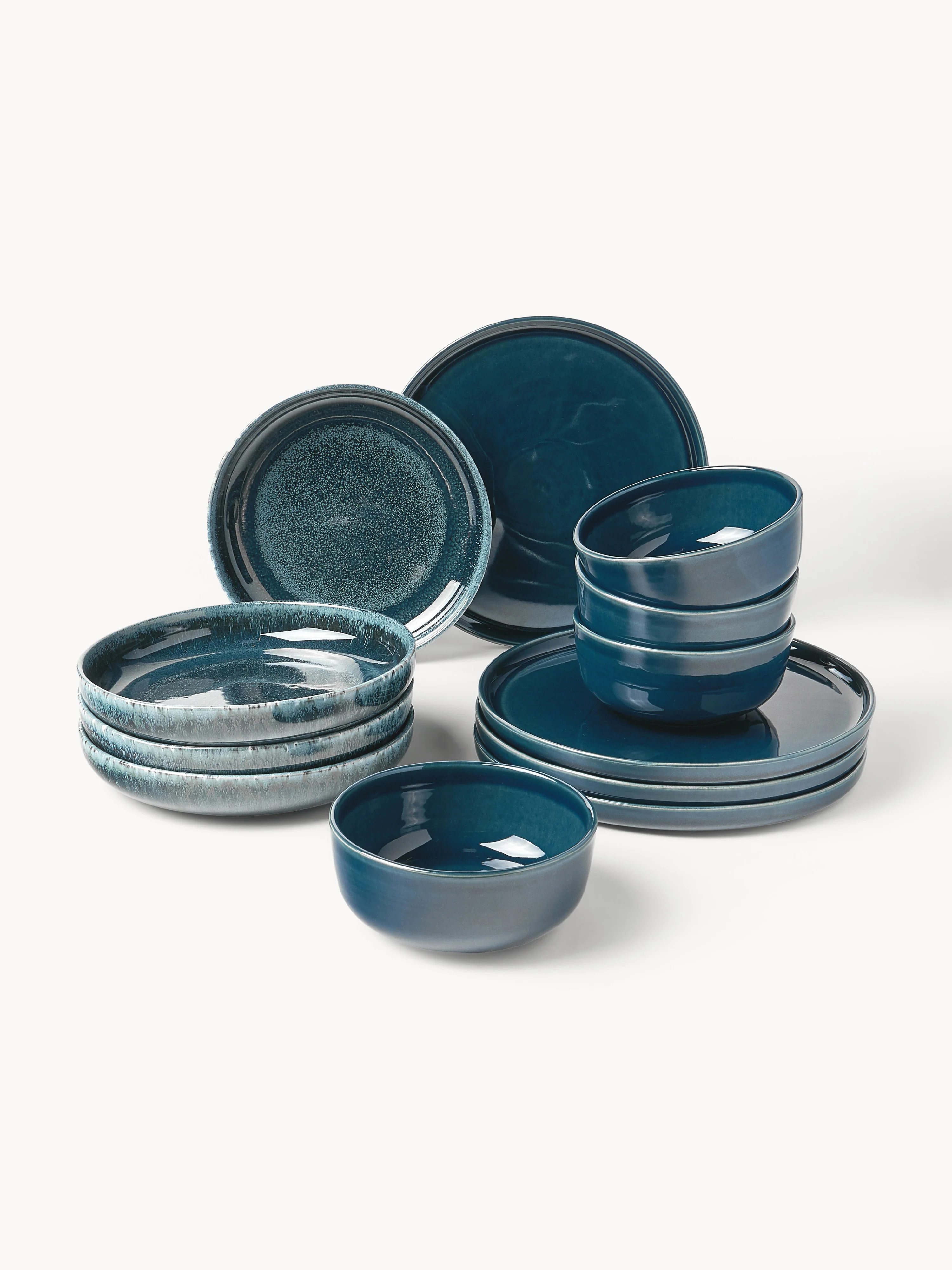 Handgefertigtes Geschirr-Set Ethel mit reaktiver Glasur, 4 Personen, 12er-Set