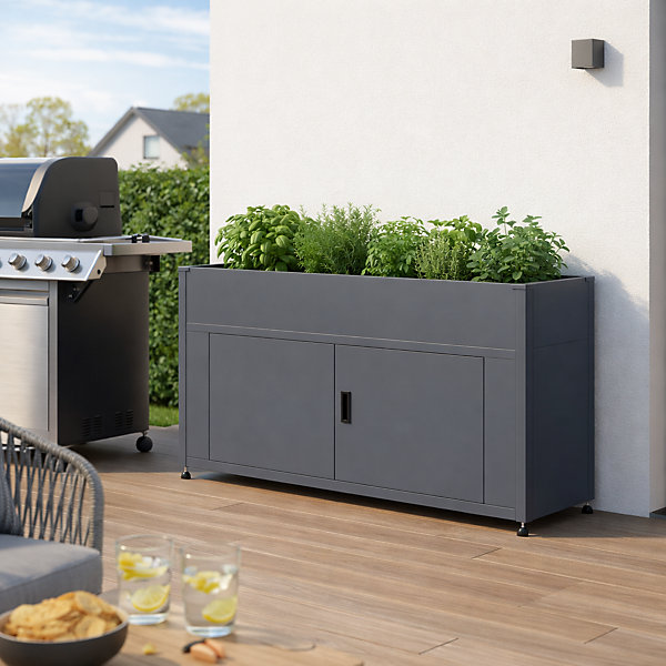 Armoire extérieure grand volume avec jardinière en acier galvanisé gris design moderne