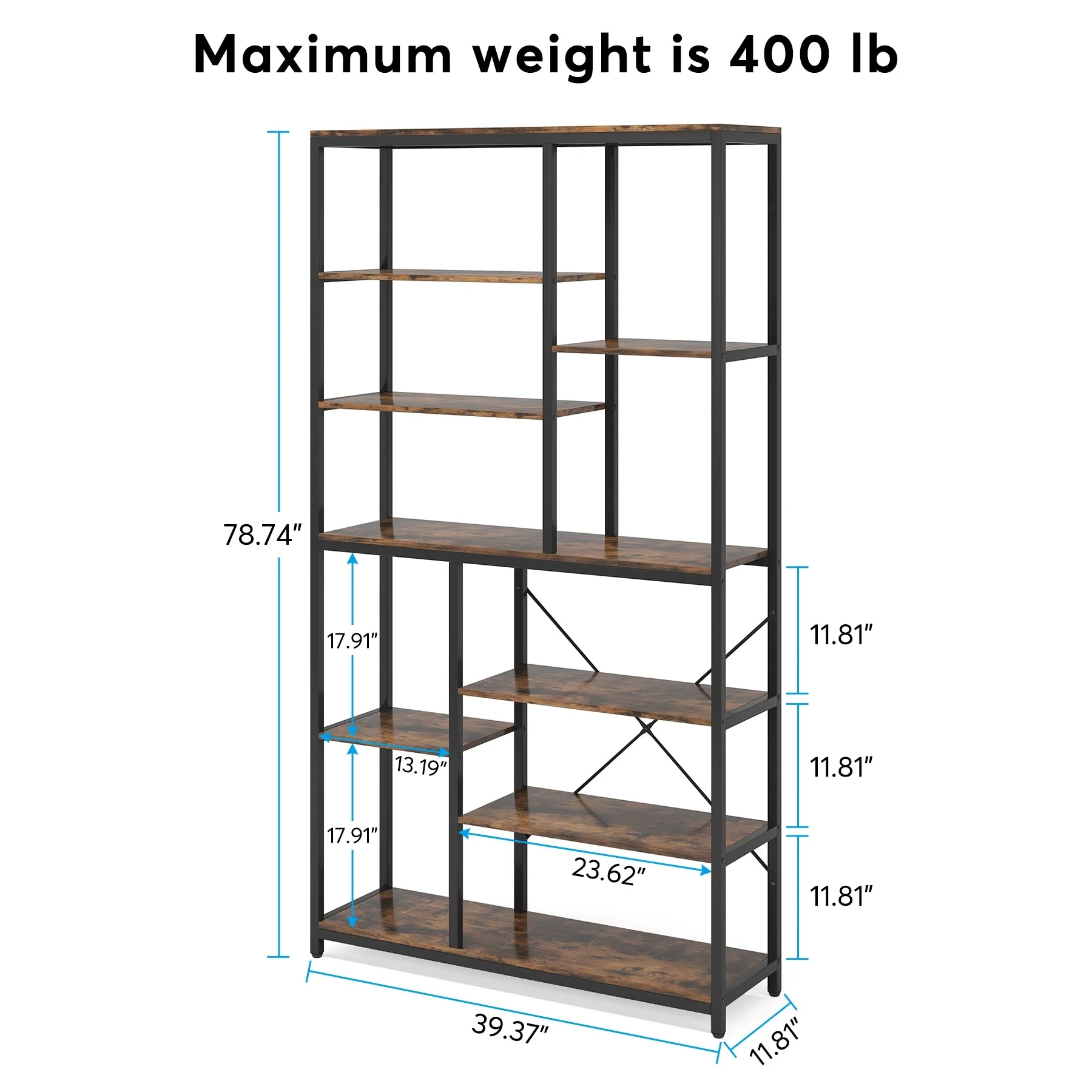 8-Tier Staggered Bookcase, Modern Freestanding Open bookshelf