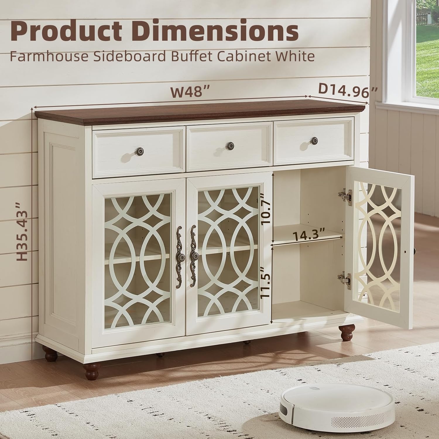 Farmhouse Sideboard Buffet Cabinet with Storage,48 Large Credenza with 3 Glass Doors & 3 Drawers,Adjustable Shelves Console Table,Wood Kitchen Coffee Bar for Dining Room,Living Room,White
