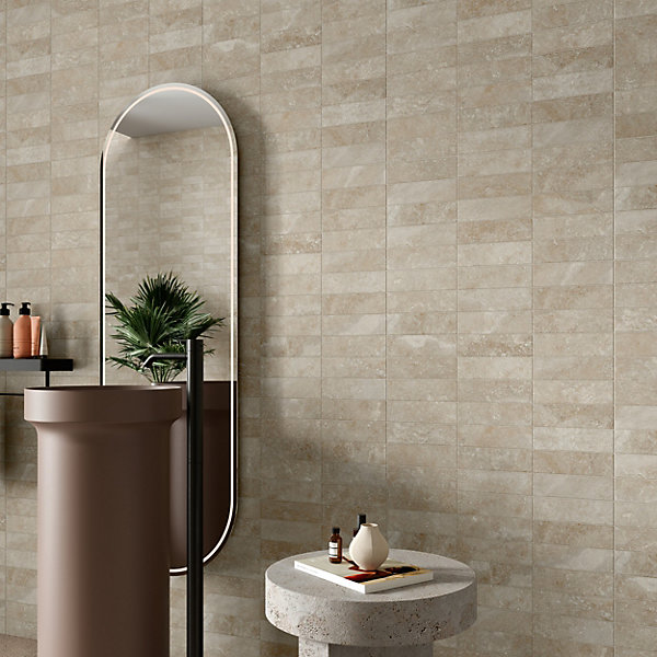 Faïence murale en terre cuite effet pierre décor beige mat L.60 x l.30 cm x ép.8,5 mm, Nor