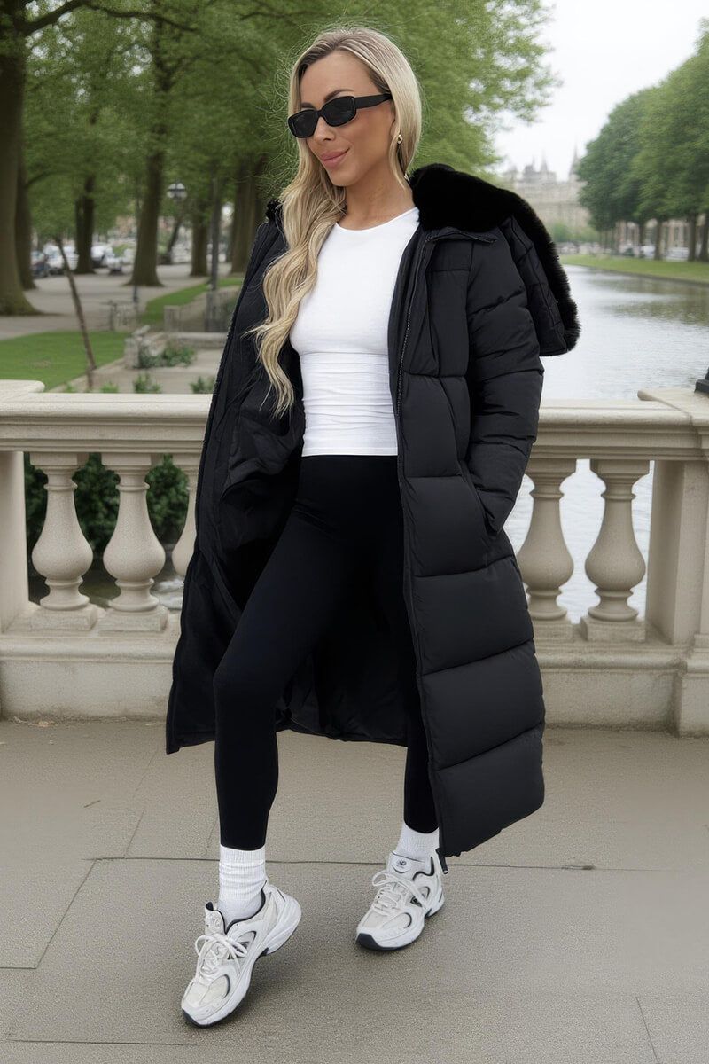 AX Paris Black Split Hood Longline Puffer Coat