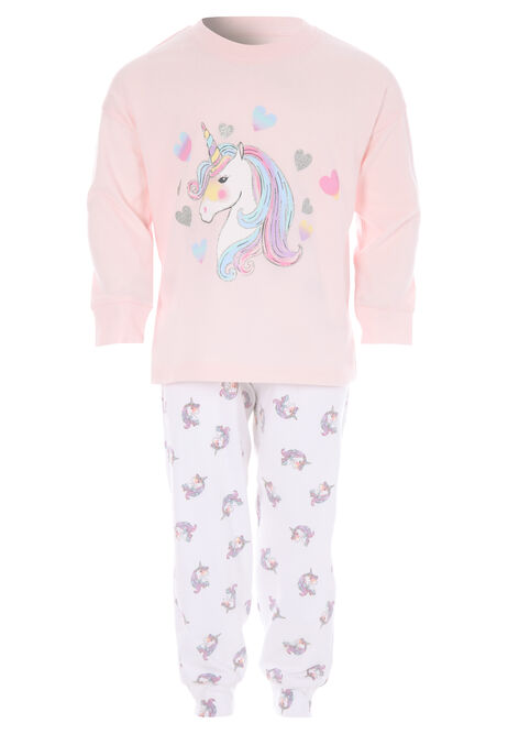 Younger Girls Pink Heart Unicorn Long Sleeve Pyjama Set