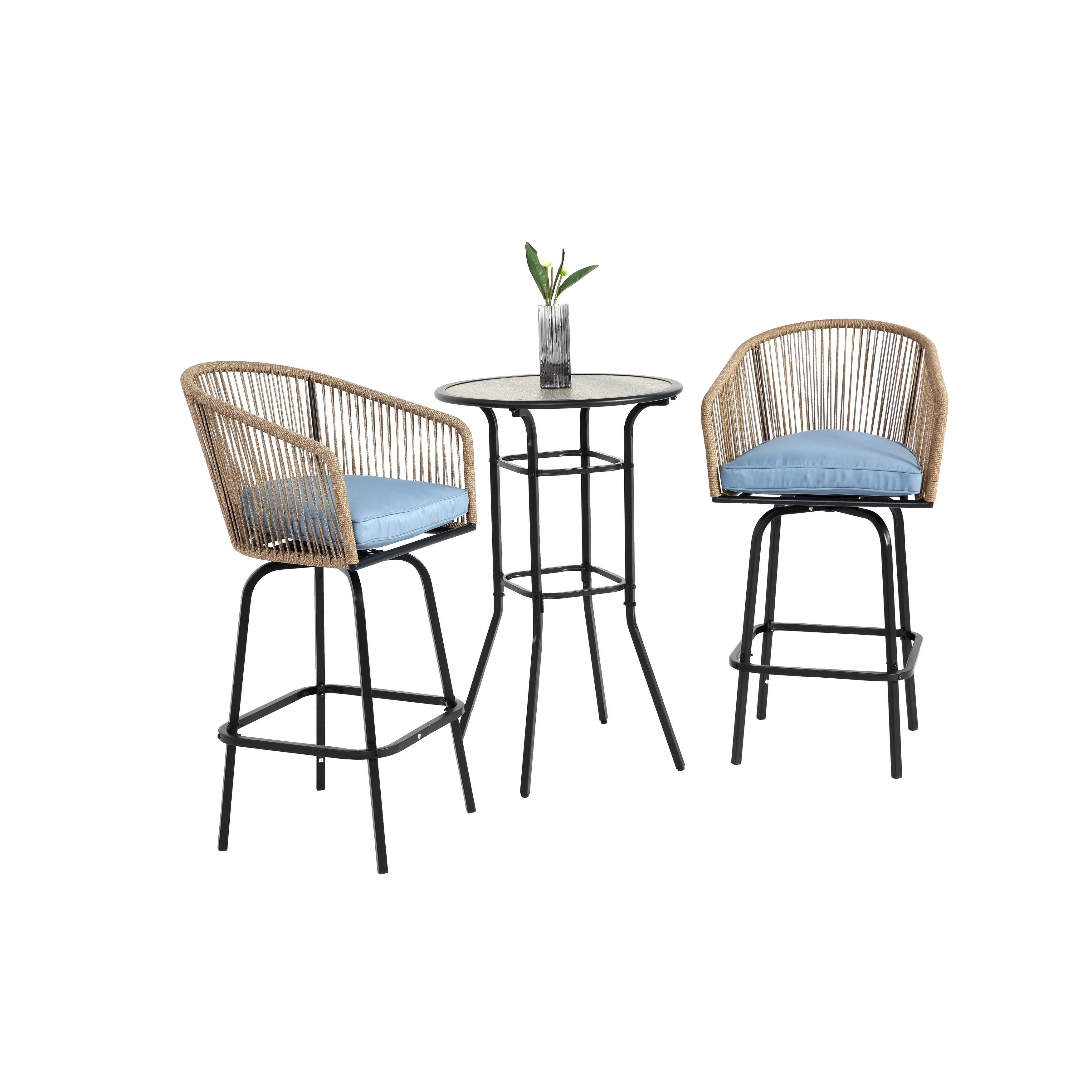 3pcs Outdoor Bar Set, Patio Bar Table and Chairs Set, Bar Height Patio Set - 2 x Swivel Bar Chairs , 1 x Round Bar Table