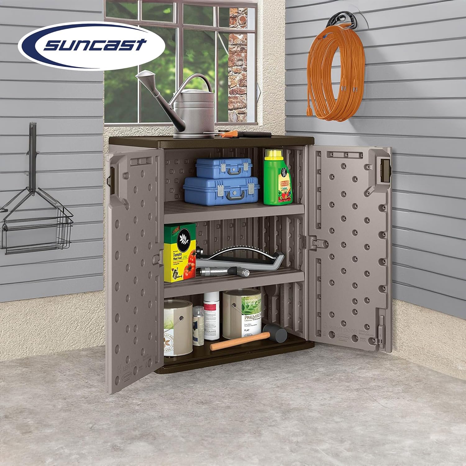 Suncast 36 Resin Base Garage Storage Cabinet, Platinum, Made in the USA