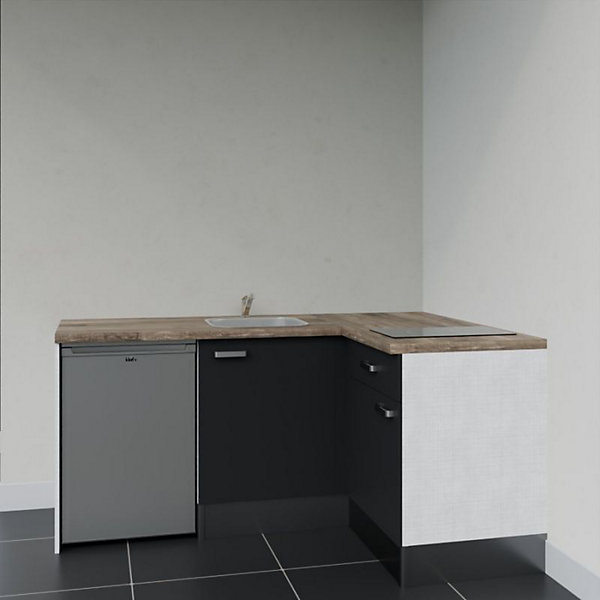 Kitchenette KA01 façades Noir - Plan de travail Bois - Crédences : Non - Evier inox - Electroménager Inox inclus