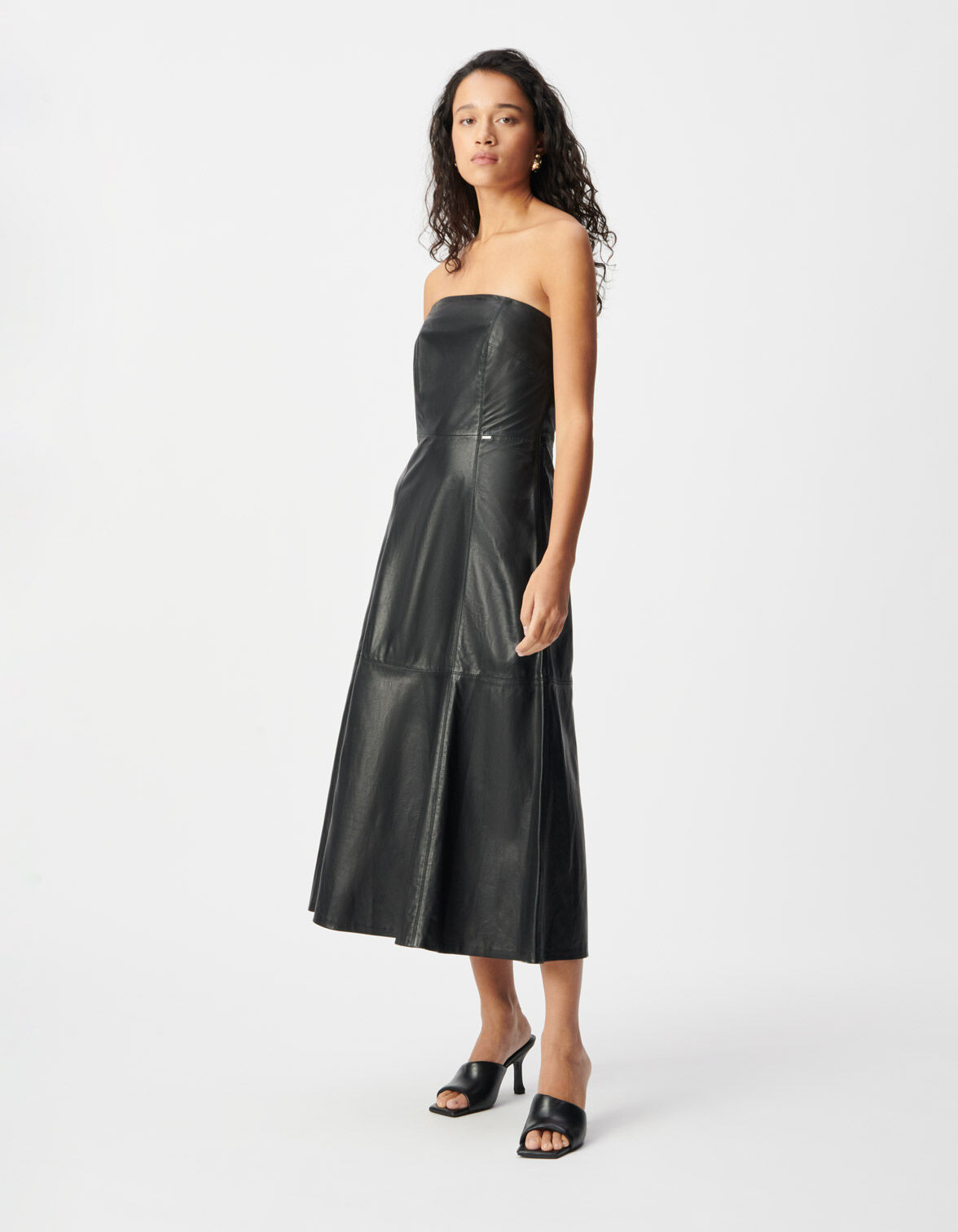 Robe midi bustier noire cuir Femme