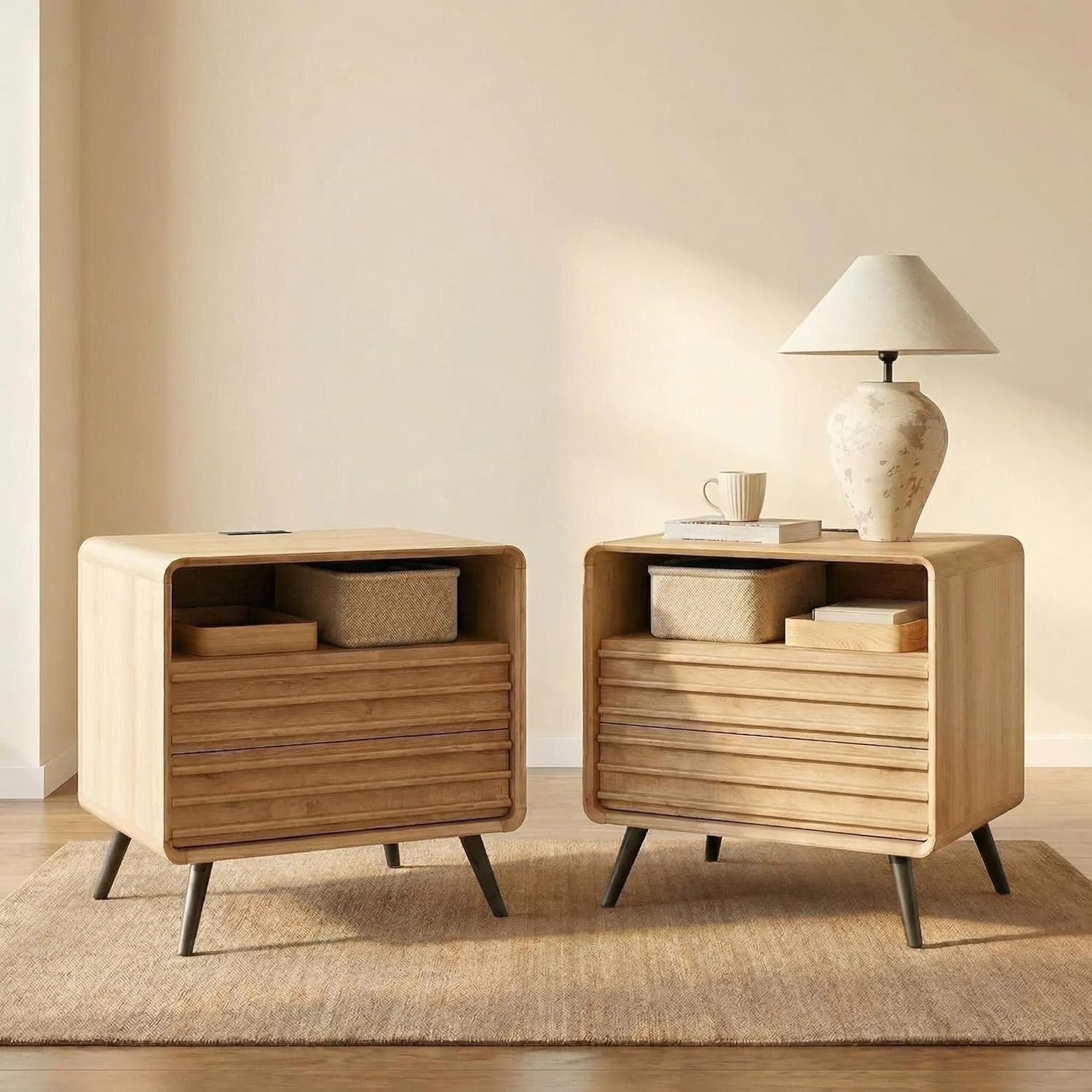 RedLemon 24 Nightstand Set of 2 with Charger Station, Mid Century Modern Fluted End Table with 2 Drawers, Wooden Side Table with Open Cubby Storage for Living Room, Bedroom, Office(Natural Oak)