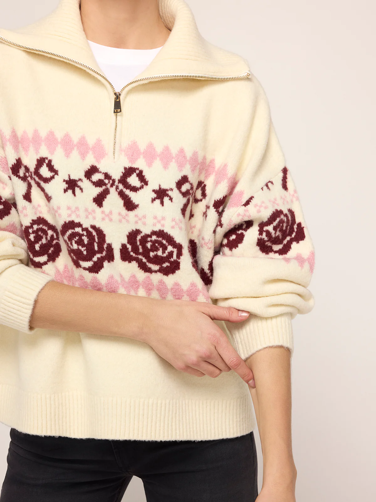 Uma Ivory Bow Fairisle Quarter Zip Sweater