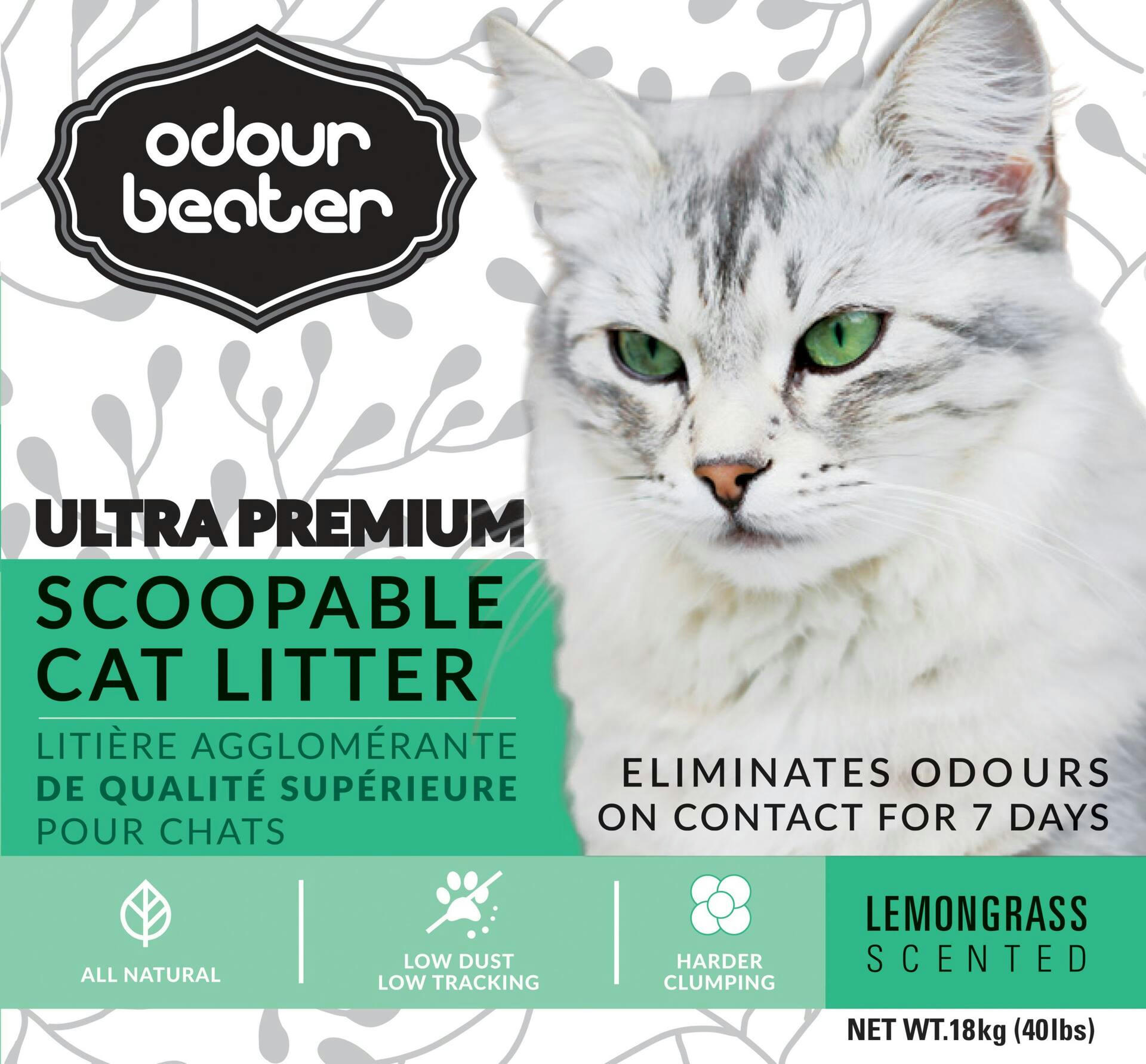 Odour Beater Ultra Premium Scoopable Clumping Cat Litter, Lemongrass Scent, 18-kg