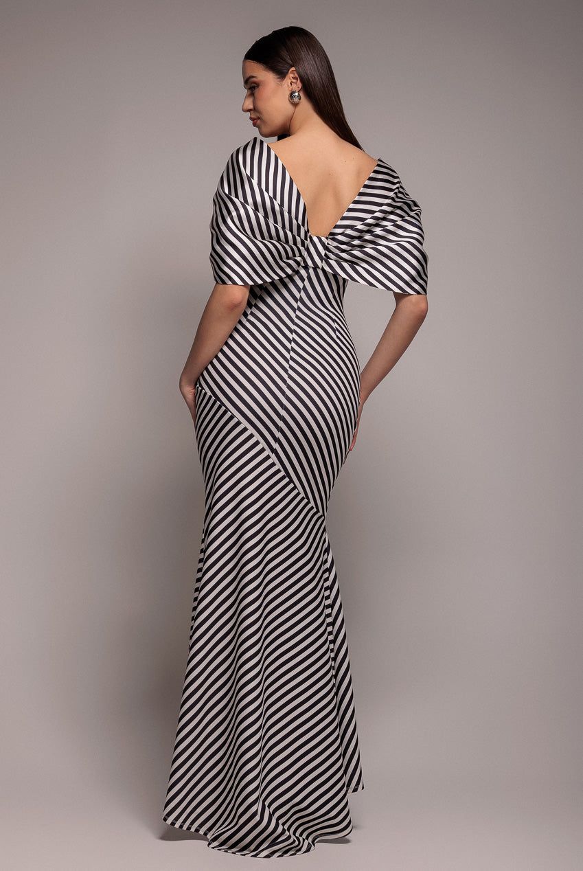 Goddiva Stripe Off Shoulder Bow Back Satin Bow Maxi Dress