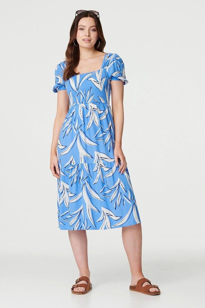 Izabel London Leaf Print Smocked Midi Dress