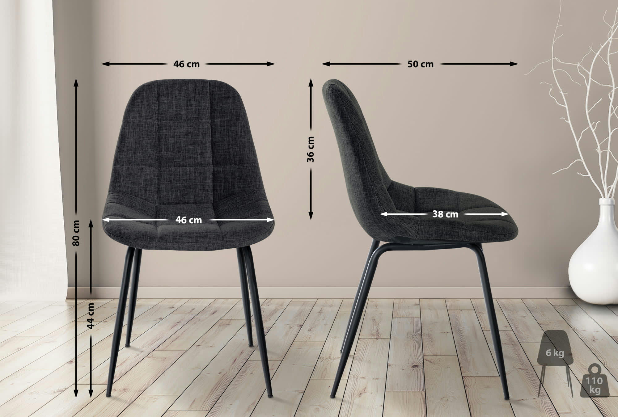 TOM - Chaise de salle à manger avec pieds métal assise en tissu Gris foncé