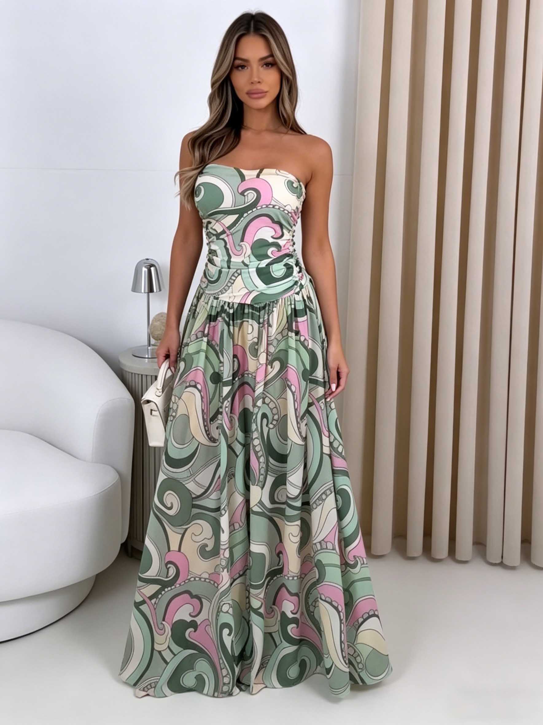 Retro Abstract Print Strapless Maxi Dress