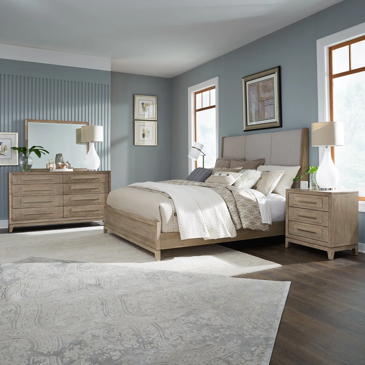Liberty Furniture Brentwood Upholstered Bed Set with Dresser & Mirror, Chest - King or Queen