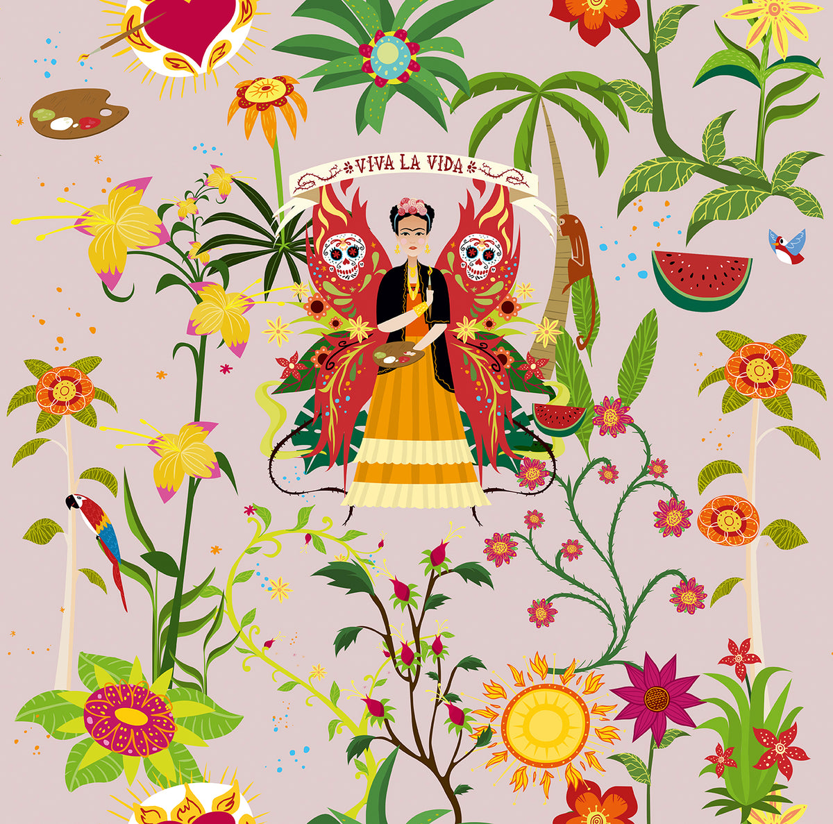Walls4You behang tropische bladeren en bloemen oudroze en meerkleurig - 53 cm x 10 m - 640125