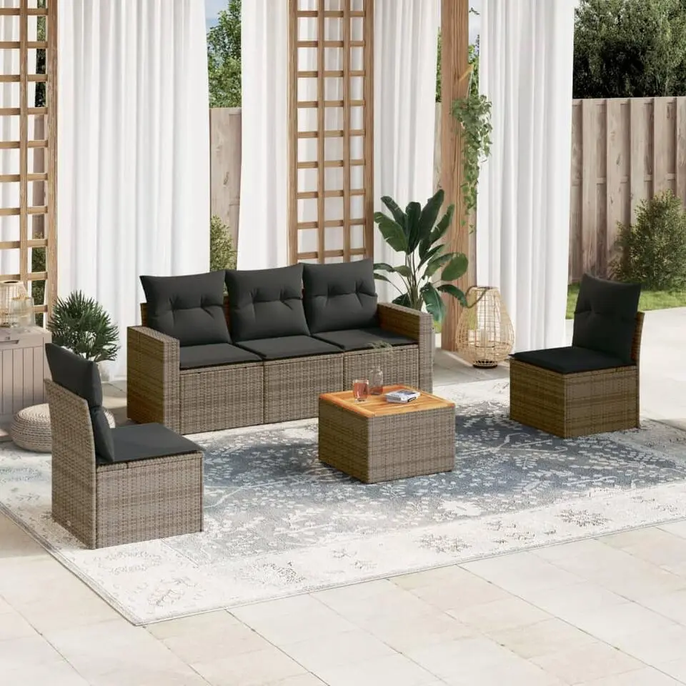 vidaXL Loungeset met kussens & salontafel voor 6 personen- Grijs - Poly rattan