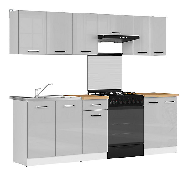 Cuisine complète 240 cm,Ensemble de meuble de cuisine coloris gris clair brillant/blanc, plan de travail coloris Chêne doré inclus