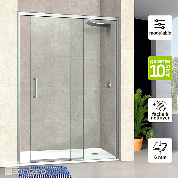 Paroi de douche porte coulissante GAUCHE en verre ép 6mm L124/128xH195 cm - profilé chrome - SUPERBAN Vézannes 2P