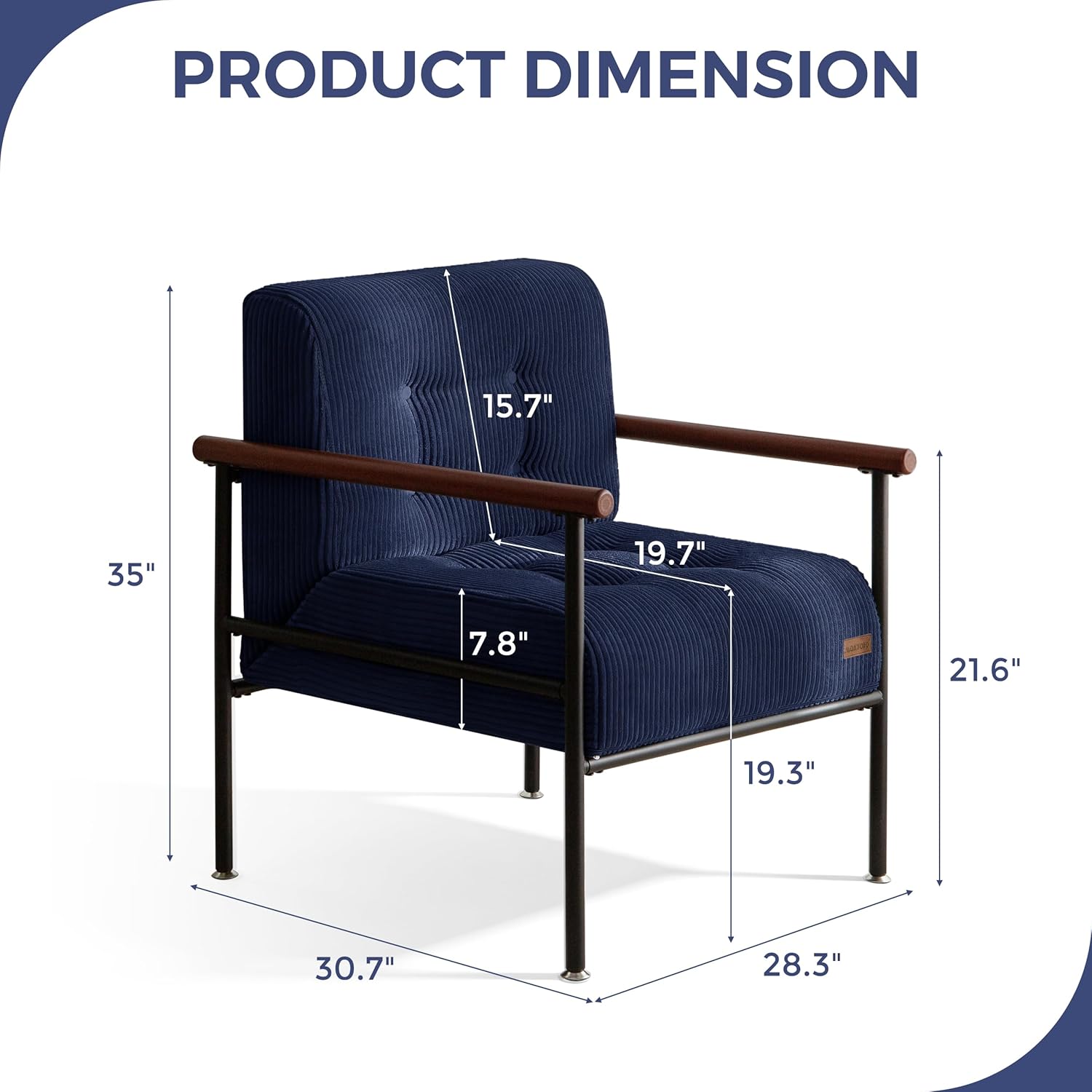 MAXYOYO Living Room Accent Chair, Modern Chair with Sturdy Metal Frame & Wood Armrests, Upholstered Reading Chair with Upholstered Cushion for Bedroom Balcony Porch, Navy