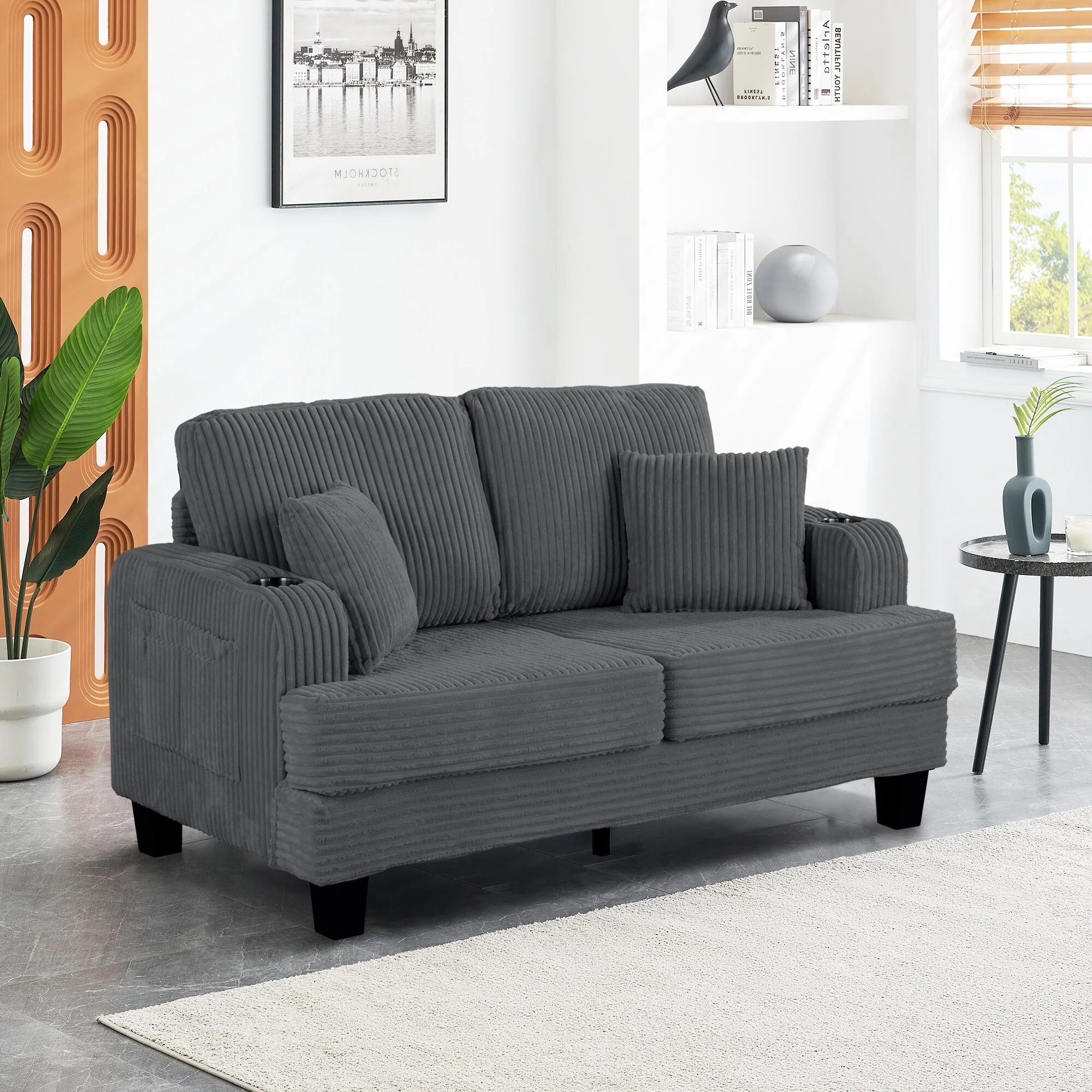 61 Contemporary Corduroy Loveseat Sofa with 2 Pillows and Cup Holder