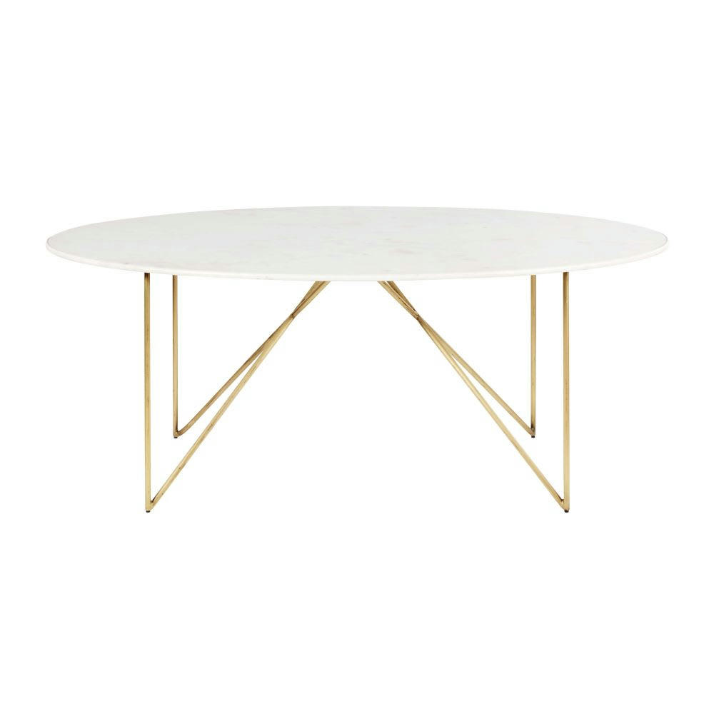 Izmir - Table à manger 4/6 personnes en marbre reconstitué blanc et fer doré L200
