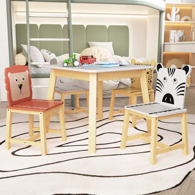 5 Piece Cute Kids Table and Chair Set, Kids Wood Table with 4 Cartoon Animals Chairs Set（3-8 Years Old）