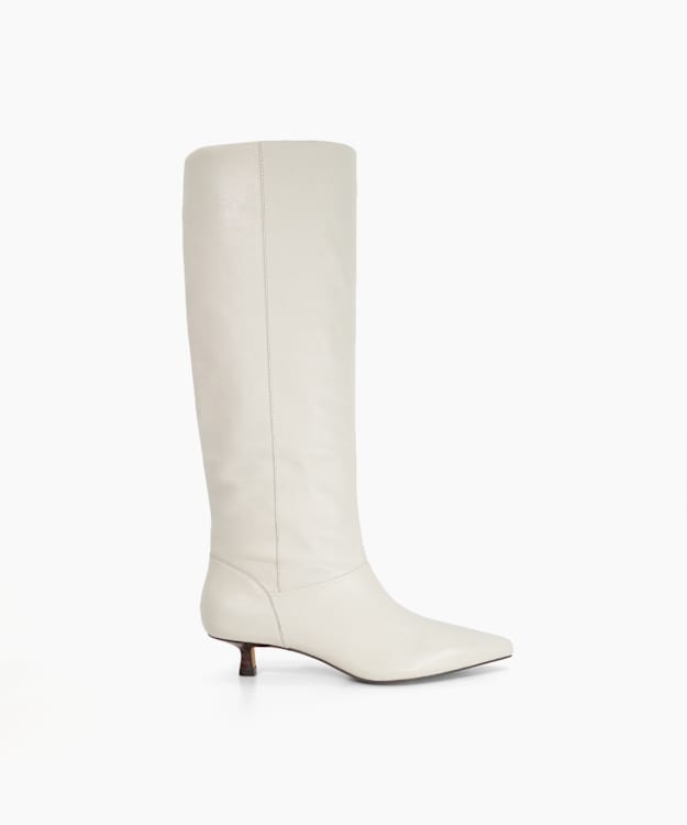 Sloan Ecru - Leather Pointed Knee High Kitten Heel Boots