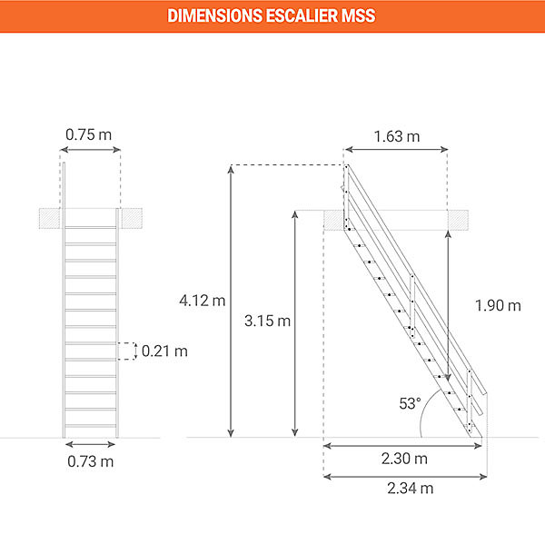 Escalier de meunier sans main courante - Hauteur à franchir 3.15m max - MSS