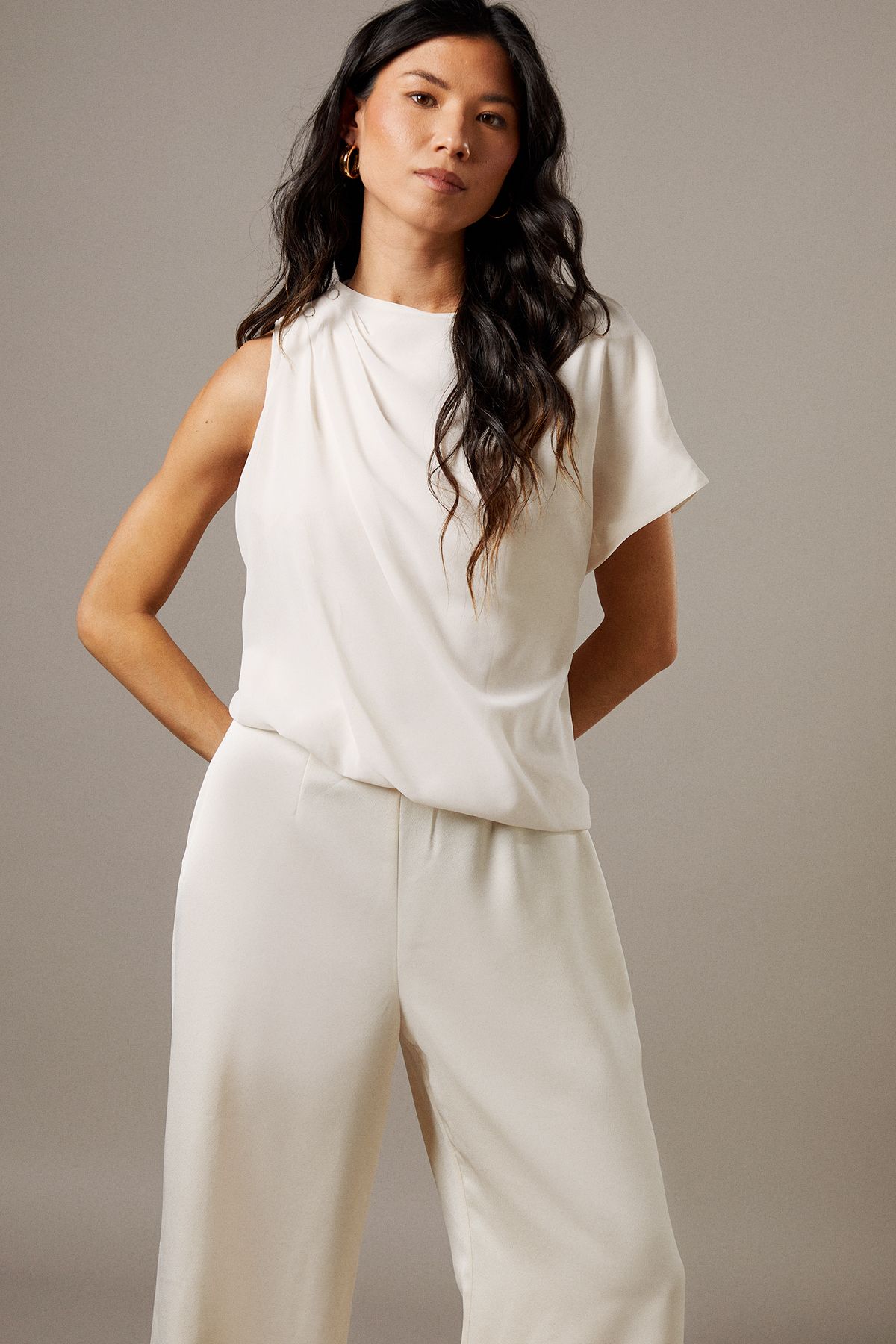 Warehouse Satin Chiffon Mix One Shoulder Drape Jumpsuit