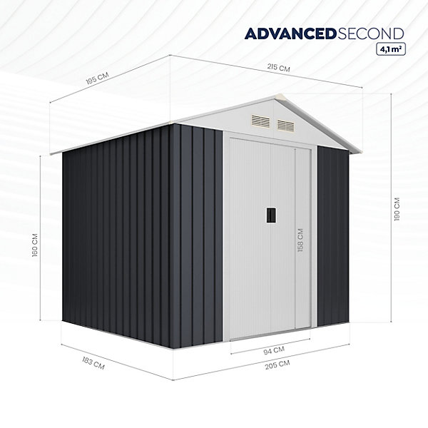 Abri de Jardin Métal Advanced Second 4,1 m² - 158x260x200cm - Porte coulissante double - Grilles de ventilation - Toit à pignon