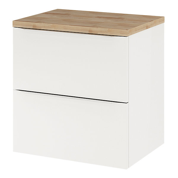 Meuble vasque suspendu blanc brillant l.60 cm Imandra   plan de toilette chêne massif Hartland, GoodHome