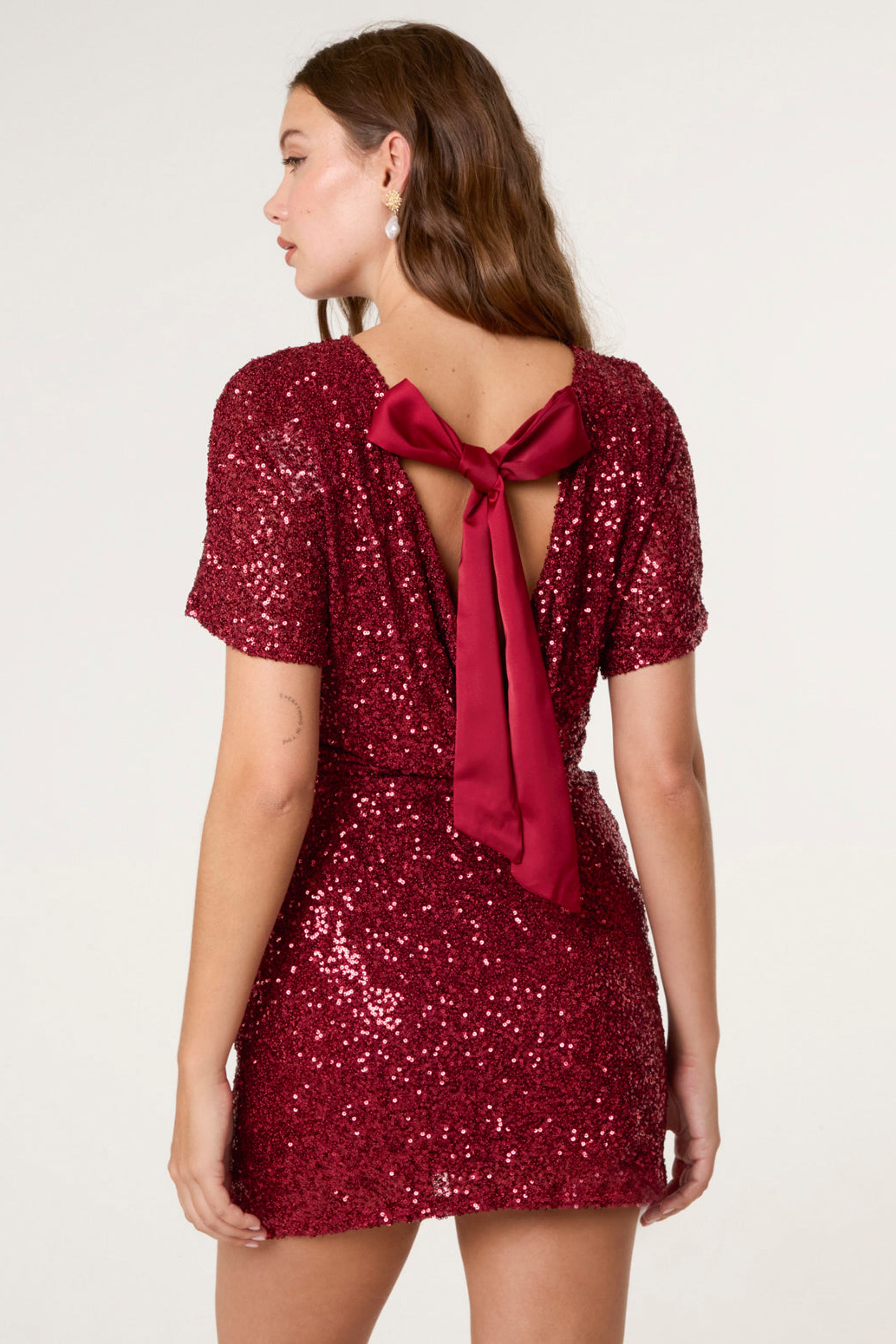 Blue Vanilla Red Satin Bow Back Sequin Dress