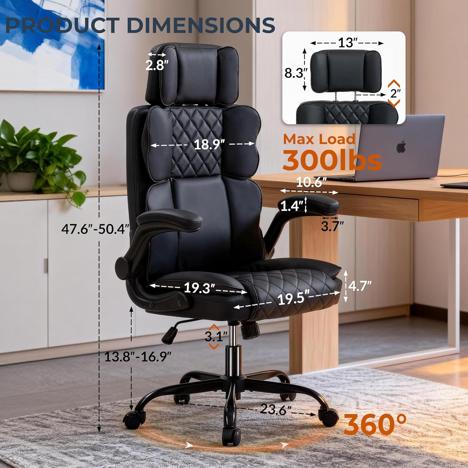 Office Chair with Adjustable Headrest - Executive Leather Desk Chair for Home Office, with Flip-Up Arms & Ergonomic Lumbar Support, Perfect for Work and Study, Black