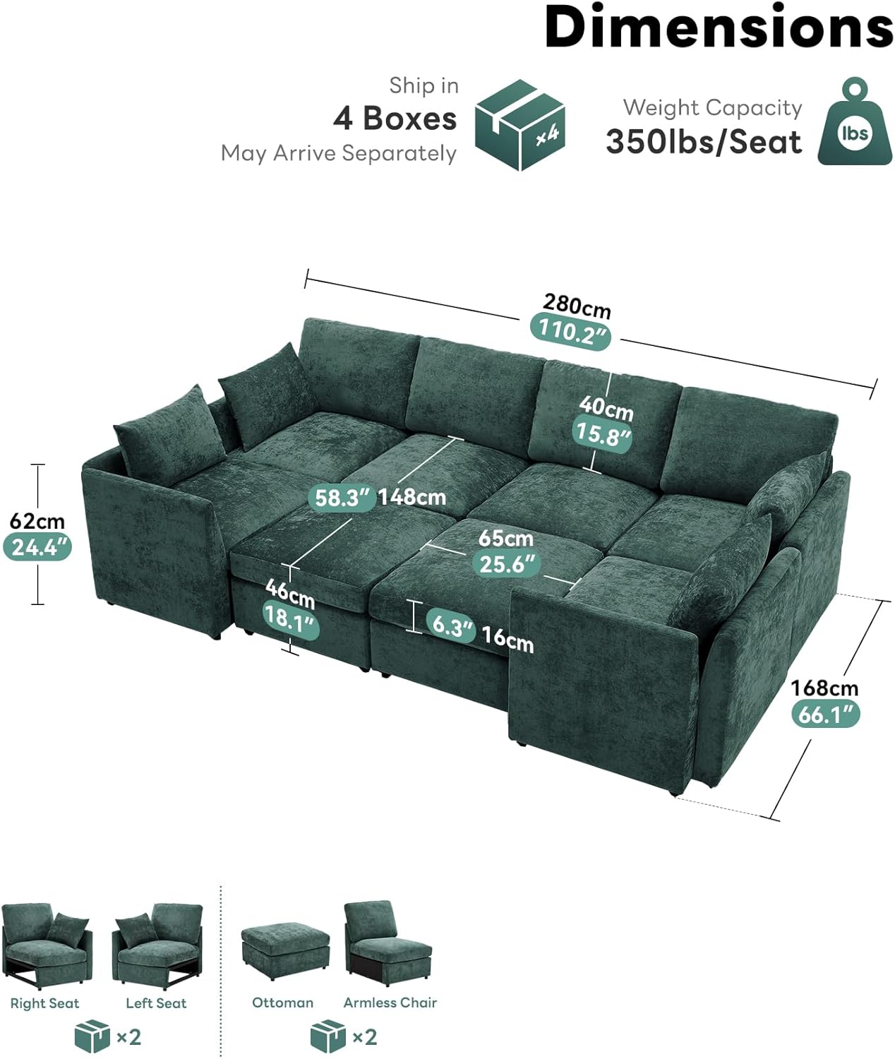Iroomy Modular Sectional Couch for Living Room, Spring Cushion Seating, Modern Convertible Cloud Sofa with Ottoman, Green | Convertible, Balanced Comfort, Soft-Strong Chenille, Apartment-Friendly