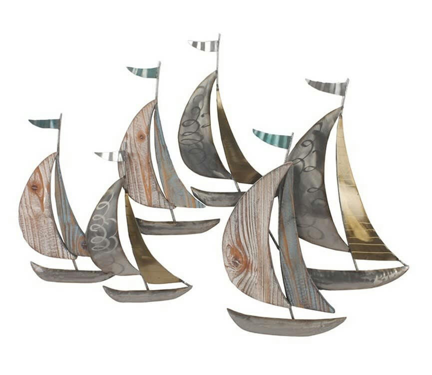 CASSIS - Décoration murale en métal et bois voiliers en mer 71x55x3