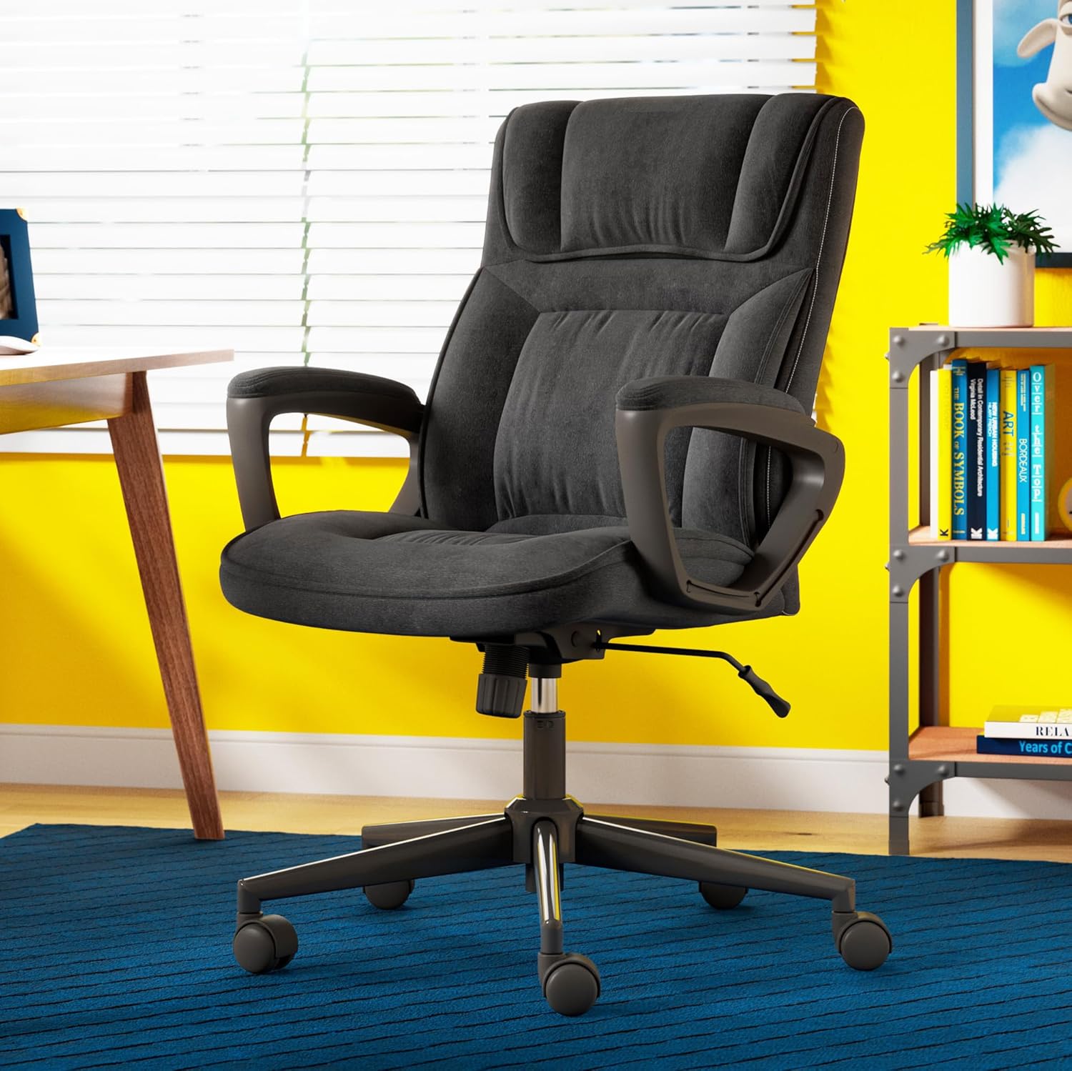 Serta® Hannah Executive Home Office Desk Chair, Ergonomic Mid-Back with Lumbar Support, Firm Seat Cushion, Layered Body Pillows, Padded Armrests, Swivel Base, Easy Assembly, Microfiber, Charcoal Gray