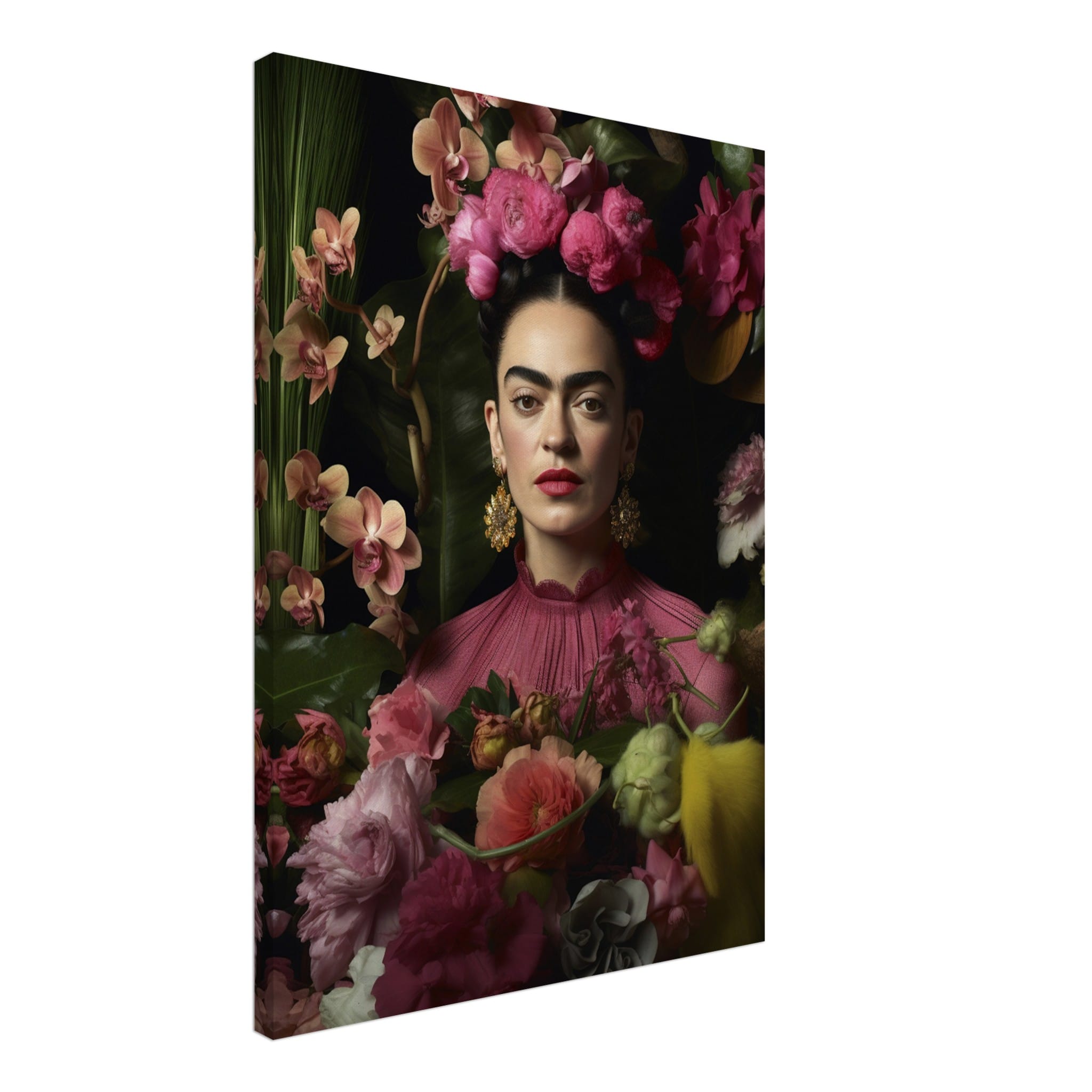 Artfulprints Canvas Frida Kahlo – Floral portrait canvas - 50x70 cm - Roze