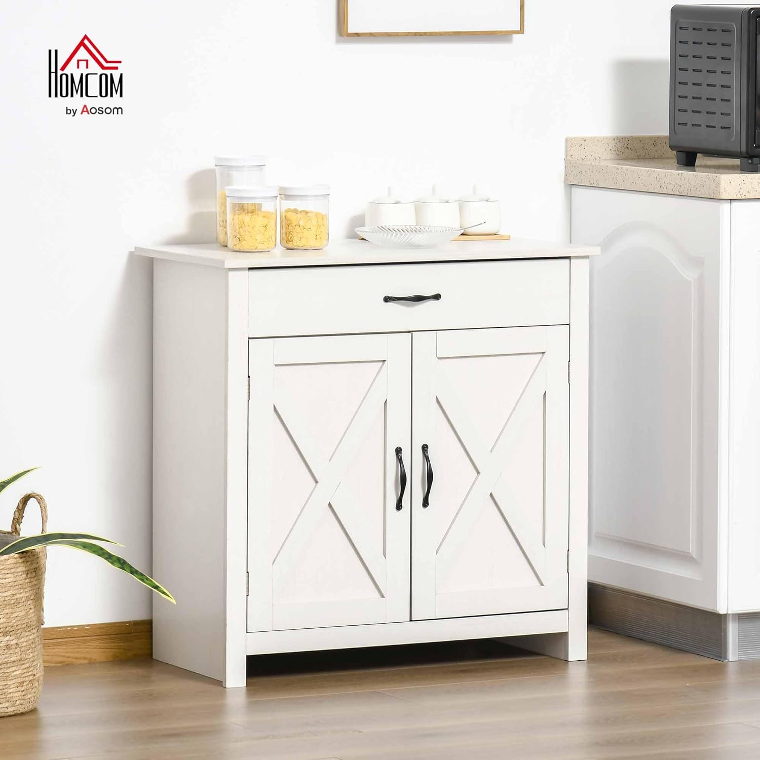 HOMCOM Farmhouse Sideboard Buffet Cabinet, Barn Door Coffee Bar Cabinet with Drawer and Adjustable Shelf for Kitchen, Living Room, Entryway, White Wash