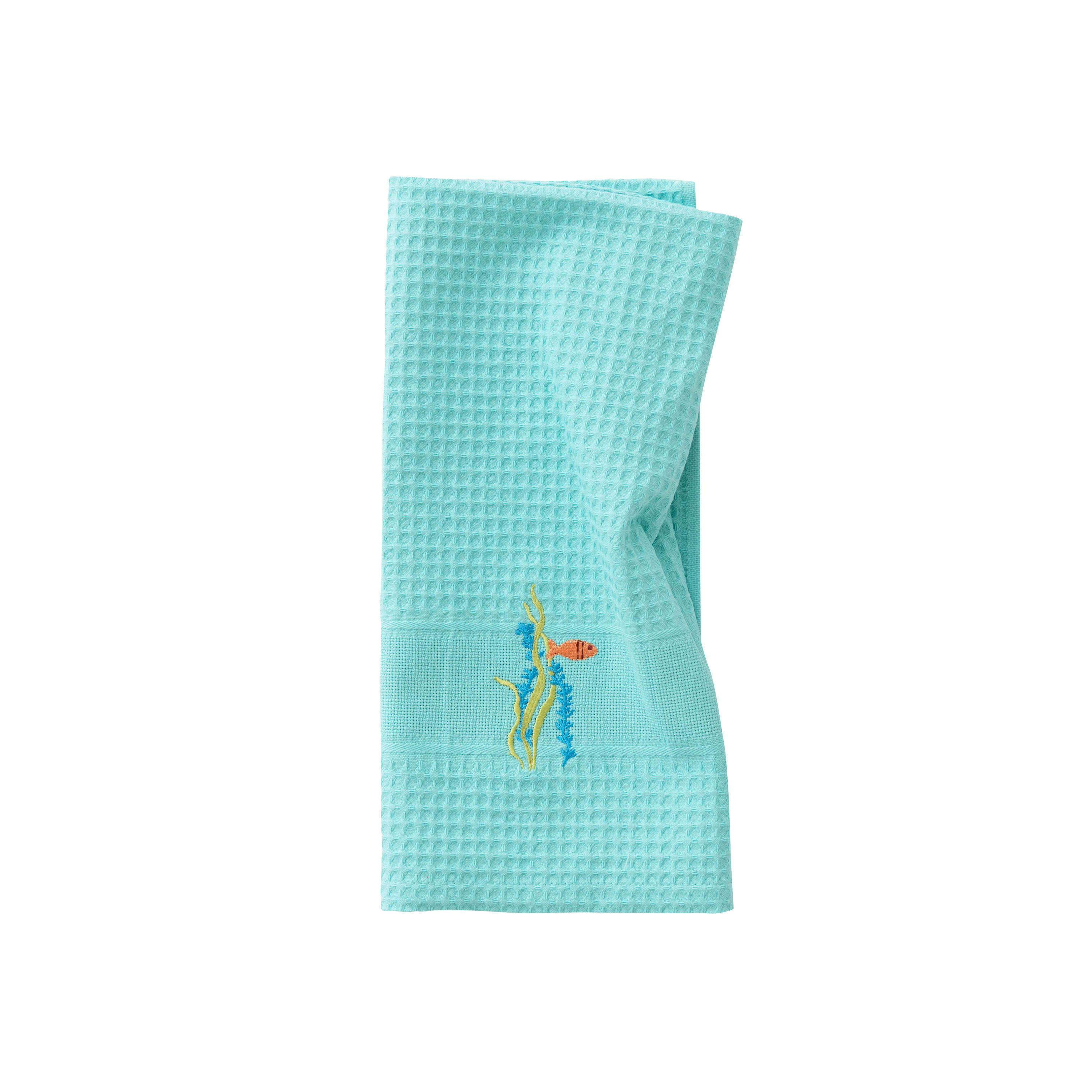 ATOLL - Torchon coton nid d'abeille nid d'abeille brodé bleu 50 x 70 cm