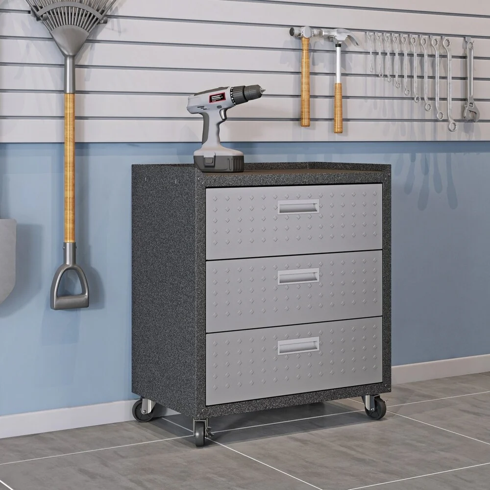 Fortress Textured Metal 31.5 Garage Mobile Chest with 3 Full Extension Drawers in Grey
