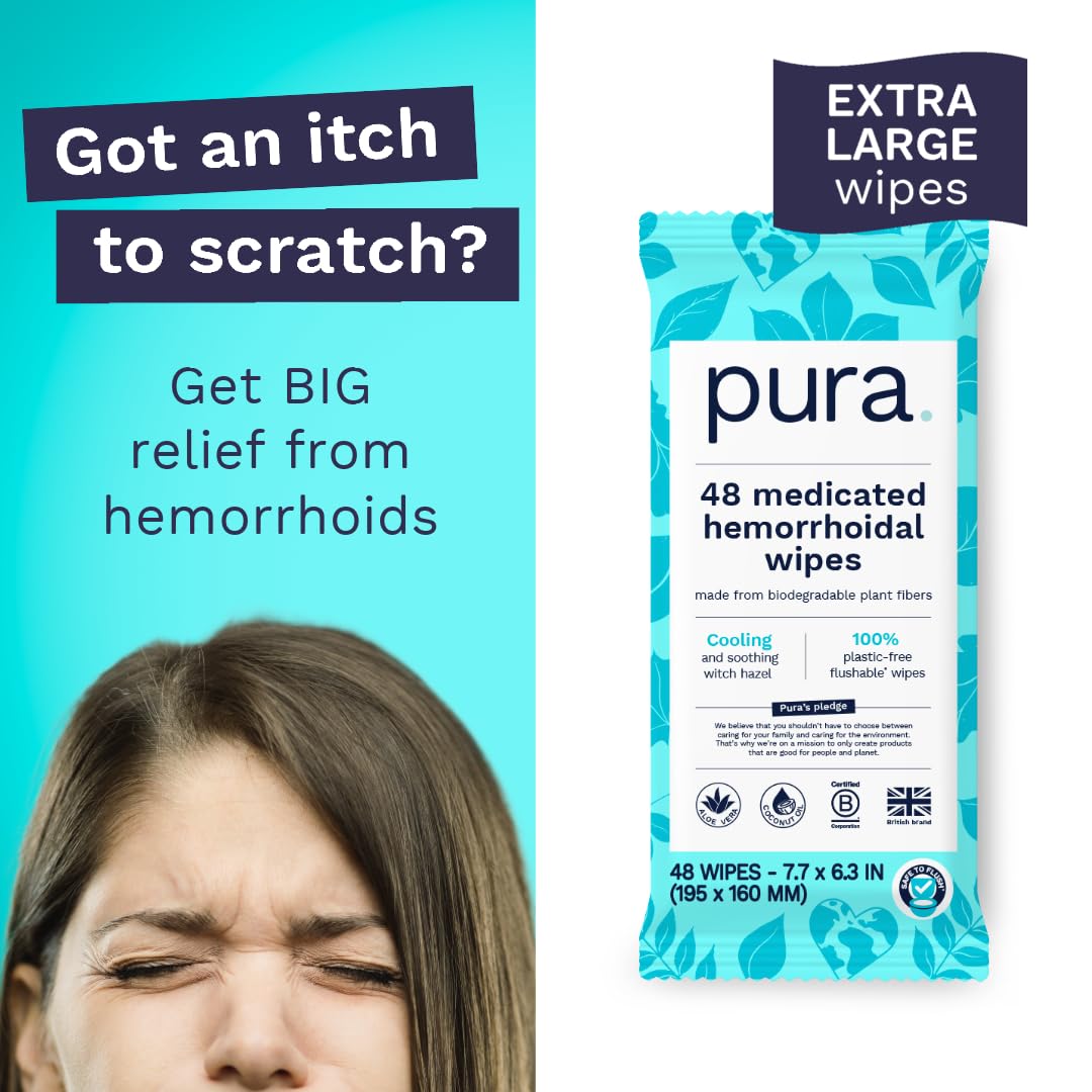 Pura XL Flushable Medicated Wipes for Hemorrhoid Relief, Extra-Large, Fragrance-Free Wet Wipes with Witch Hazel, Coconut Oil & Aloe, Skin Soothing, 96 Wipes (2 Packs)